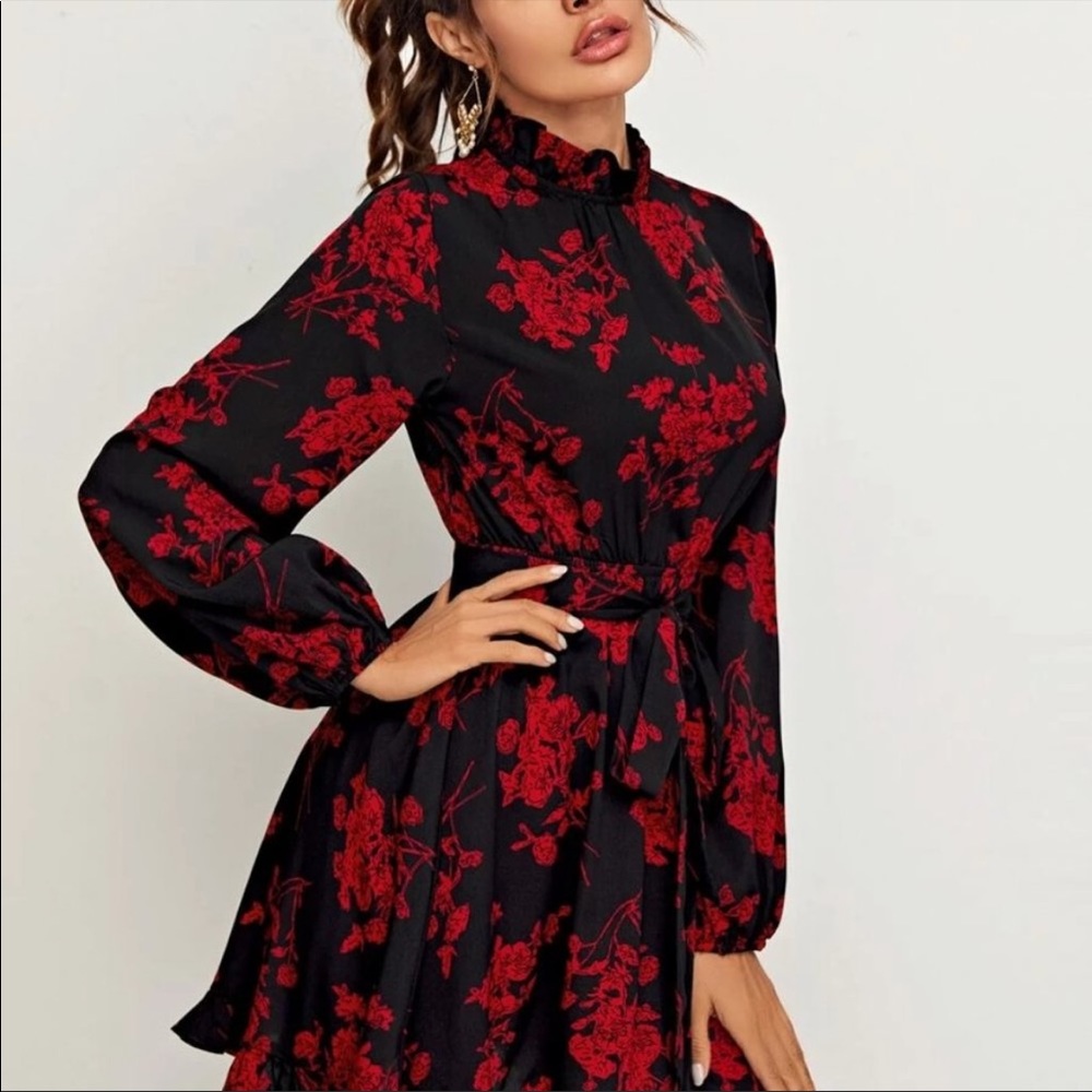 *Last One* SHEIN Bohemian Dream Red and Black Ruffled Mini Dress - Picture 3 of 7